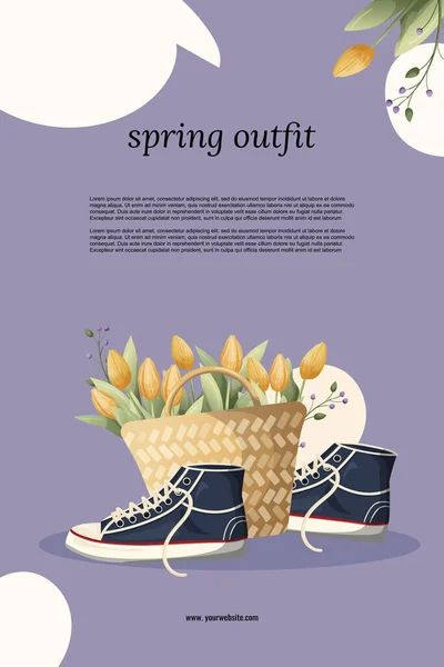 Весняне Вбрання Кросівками Тюльпанами Модний Шаблон Плаката Банера Реклами Вектор — стоковий вектор