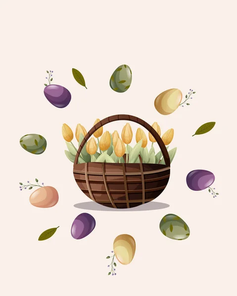 Semana Santa Tulipanes Una Canasta Con Huevos Hojas Plantilla Para — Vector de stock