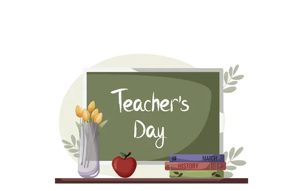 Den Učitelů Banner Šablona Reklamy Květinami Knihy Jablka Školní Vzdělávací — Stockový vektor