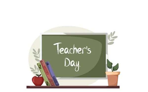先生の日 バナーテンプレート りんごと広告学校や学習コンセプト フラット漫画スタイルでかわいいベクトルイラスト — ストックベクタ