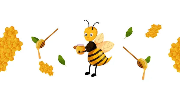 Dzień Pszczoły Miód Dzień Zestaw Elementów Dekoracyjnych Miód Słoik Łyżka — Wektor stockowy