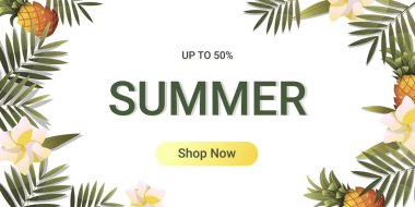 Palmiye yaprakları ananas ve yaz indirimi ile yazın resmi. Reklam ve web tasarımı için mükemmel.