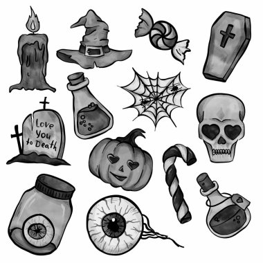 Suluboya cadılar bayramı şapkaları, beyleri, kafatasları ve pompaları