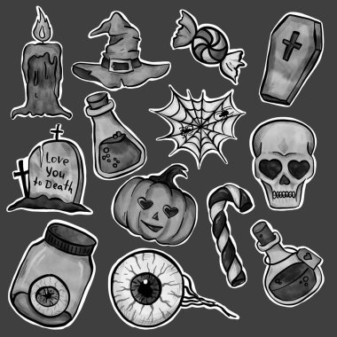 Cadılar Bayramı dekorasyon elementi suluboya resim seti. El çizimi Cadılar Bayramı koleksiyonu. Balkabağı korkunç yüz dekoru, kara kedi, kuzgun, cadılık, çelenk çizimi. gri arkaplan