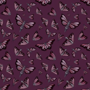 Kusursuz kelebek mor suluboya deseni. Mor arka planda uçan böcek yazı. Renkli doku, ambalaj kağıdı, kırsal duvar kağıdı, doğa arka planı tekstil