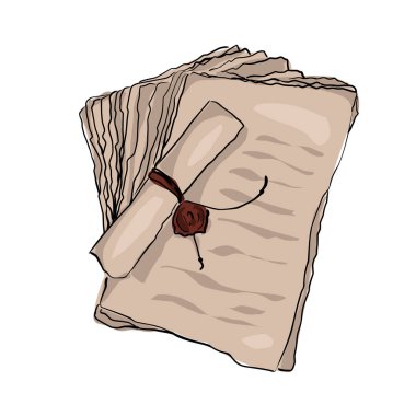 Üzerinde kırmızı mühür olan eski model kağıtlar olan parşömen. Beyaz arkaplanda çizgi film çizimi