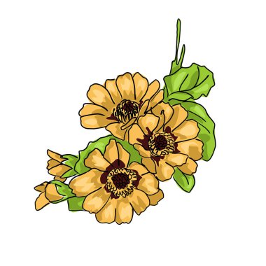 yeşil yapraklı üç büyük sarı çiçek. Beyaz arkaplanda çizgi film çizimi