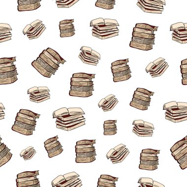 Kusursuz desen. Eski kitapların boyanmış yığınları. Beyaz arkaplanda çizgi film çizimi