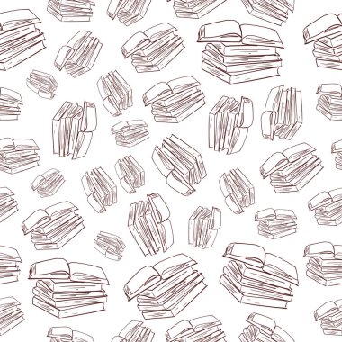 Tek bir açık kitapla eski kitap koleksiyonu. Kahverengi doğrusal sanat. Beyaz arkaplanda kusursuz desen