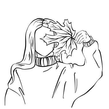 Ayakta duran ve elinde yaprak tutan bir kadın resmi. Kadınların yüz hatları detaylıdır ve yaprak büyüktür.