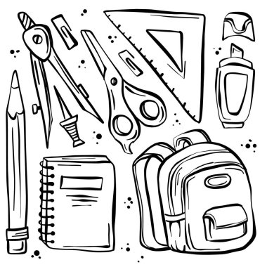 Kalemler, kalemler, defterler, cetveller, silgiler ve daha fazlası da dahil olmak üzere temel okul araçlarının bir koleksiyonu, siyah ve beyaza vurularak sergilenmektedir..