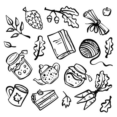 Balkabağı, yaprak, meşe palamudu ve elma gibi çeşitli sonbahar malzemelerinin yer aldığı siyah beyaz karalamalardan oluşan bir koleksiyon. Karalamalar karmaşık ve detaylıdır. Sonbahar mevsiminin özünü tek renkli bir şekilde yakalar..