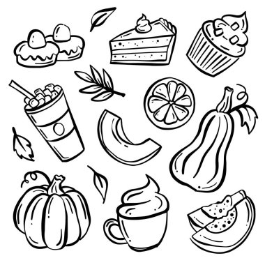 Balkabağı, kek ve diğer tatlı ikramları gibi çeşitli tatlıların yer aldığı siyah beyaz karalamalardan oluşan bir koleksiyon. Çizimler detaylı ve çetrefilli, bu lezzetli yiyeceklerin çeşitli şekillerini ve tasarımlarını gösteriyor..