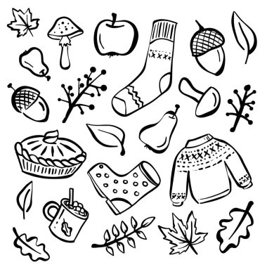 Bu vektör illüstrasyonunda yapraklar, balkabakları, meşe palamutları ve ağaçlar gibi sonbahar temalı karalamalar yer almaktadır. Karalamalar karmaşık bir şekilde çizilir ve sanatsal bir şekilde düzenlenir, sonbahar sezonunun özünü yakalar..