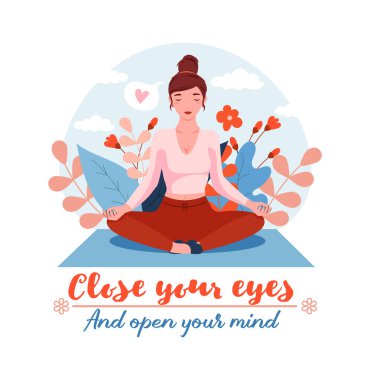 Yoga vektör çizimi çalışıyorum. Genç ve mutlu bir kadın meditasyon yapar.