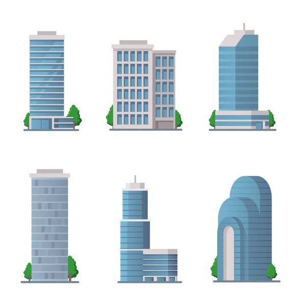Los Edificios Modernos Las Ciudades Tienen Iconos Vector Plano — Vector de stock