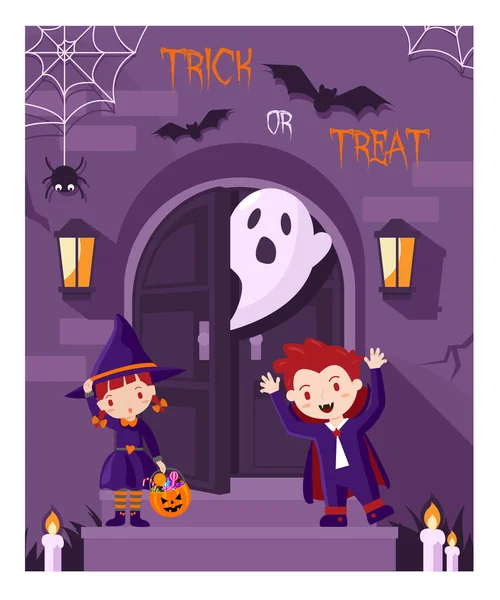 Boldog Halloween Banner Vagy Party Meghívó Háttér Candy Treat Lapos — Stock Vector