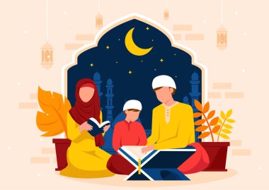 Kuran konsept vektör illüstrasyonu okunuyor. Müslüman dini geleneklerinde, ebeveynler ve çocuklar birlikte Kuran okurlar, günlük ritüel, inanç ve inanç, İslami kutsal kitap soyut metafor