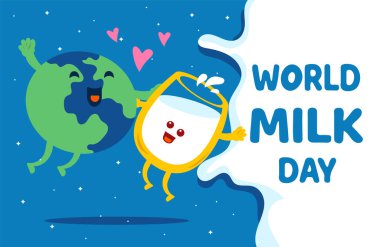 Komik bir çizgi film dünyası ve mavi arka planda izole edilmiş sevimli gülümseyen süt bardağı karakteri olan dünya süt günü afişi. Çocuk Kawaii yemekleriyle mutlu süt günü illüstrasyonları.