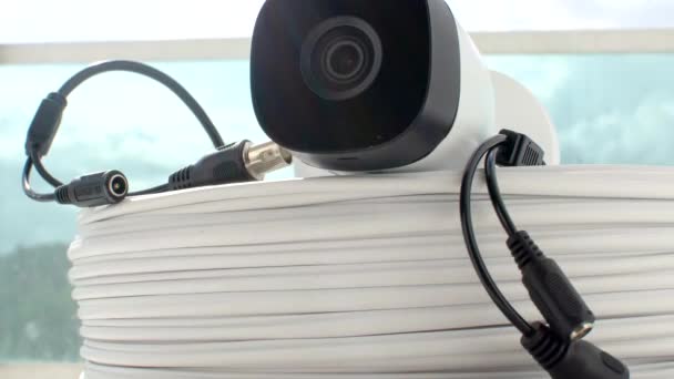 Detalle Cctv Cámara Vigilancia Carrete Cable Equipo Esencial Para Una — Vídeos de Stock