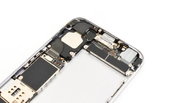 Close Smartphone Repair White Background Showcasing Its Internal Components Smartphone — Stock Video