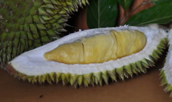 stock image Whole and sliced durians with fruit served on wooden table