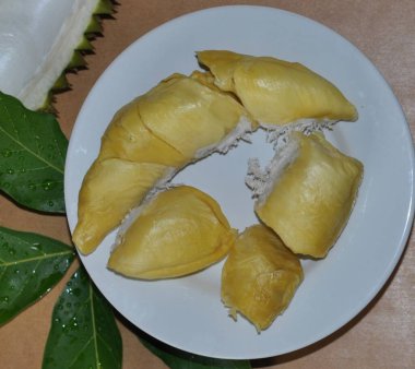 Durian taze ve olgun. Durian, Asya meyvesidir. Sarı ve kokar. Beyaz tabakta Mon Thong Durian.
