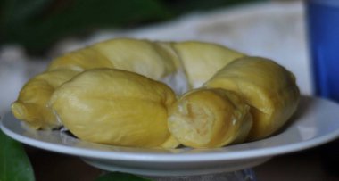 Durian taze ve olgun. Durian, Asya meyvesidir. Sarı ve kokar. Beyaz tabakta Mon Thong Durian.