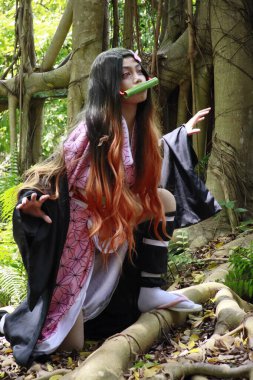 Banjarmasin, Endonezya - 25 Haziran 2023: Cosplayer as Character Nezuko Kamado, Demon Slayer 'da canlandırılabilir bir karakterdir.