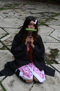 Banjarmasin, Endonezya - 25 Haziran 2023: Cosplayer as Character Nezuko Kamado, Demon Slayer 'da canlandırılabilir bir karakterdir.