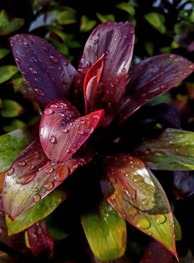 Ti bitkisi veya Cordyline fruticosa yaprakları, renkli yapraklar, çiğ noktalı egzotik tropikal yapraklar, doğa bitkilerinin kırmızı yaprakları. Soyut otomatik arkaplan.