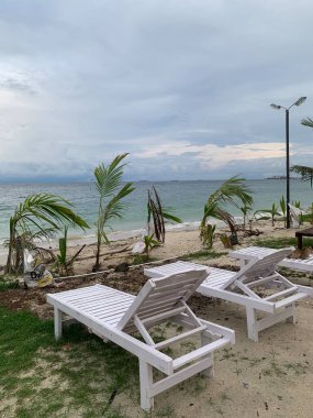 Yaz sahili manzarası. Tropik ada cenneti. Egzotik kıyılar, hindistan cevizi ağaçları, el değmemiş deniz, mavi gökyüzü. Şaşırtıcı doğa düzeni. Egzotik yolculuk geçmişi, tatil havası mükemmel duvar kağıdı.