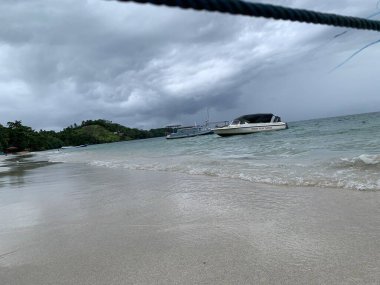 Yaz sahili manzarası. Tropik ada cenneti. Egzotik kıyılar, hindistan cevizi ağaçları, el değmemiş deniz, mavi gökyüzü. Şaşırtıcı doğa düzeni. Egzotik yolculuk geçmişi, tatil havası mükemmel duvar kağıdı.