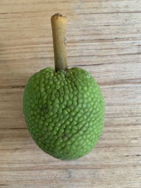 Moraceae ailesinin tüm ekmek meyvesi üyeleri Artocarpus altilis ve dilimler ahşap yüzeyde sergilenir. Nişastalı, patates gibi kızarmasıyla tanınır. yiyecek fotoğrafçılığı, meyve fotoğrafçılığı yiyecek ve içecek.