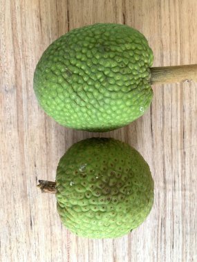 Moraceae ailesinin tüm ekmek meyvesi üyeleri Artocarpus altilis ve dilimler ahşap yüzeyde sergilenir. Nişastalı, patates gibi kızarmasıyla tanınır. yiyecek fotoğrafçılığı, meyve fotoğrafçılığı yiyecek ve içecek.