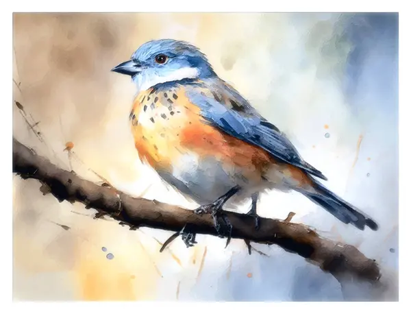 watercolor hand drawn painting with bird on branch