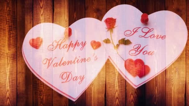 Hartelijk Gefeliciteerd Valentijnsdag Met Harten Bloemen Een Natuurlijke Houten Achtergrond — Stockvideo