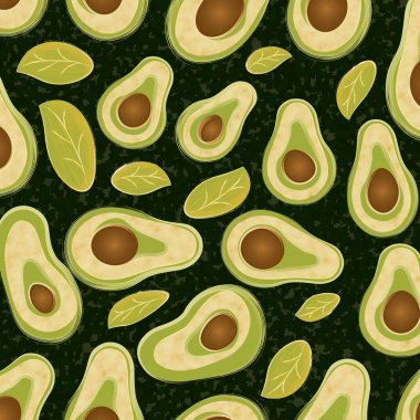 Avocado and Leaves drawing pattern of square shape. A bright and stylish illustration featuring avocado and leaves against a dark background, creating a tropical feel.