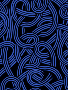 Mavi girdapların soyut deseni. Siyah bir arkaplanda iç içe geçen mavi çizgilerin deseni. Çizgiler karmaşık bir estetik yaratan döngüler ve eğriler oluşturur.