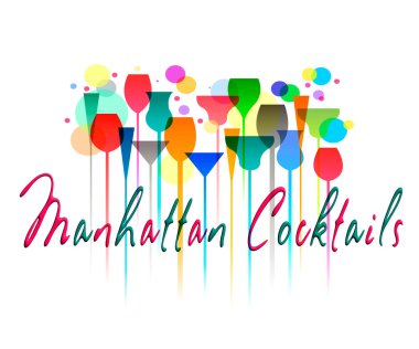 Manhattan Kokteylleri. Beyaz bir arka planda resim. İçki ile ilgili etkinlikler veya kurumlar için canlı grafik tasarımı.