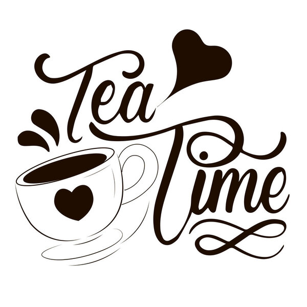 Black and white illustration with Tea Time text and decorative elements.