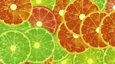 Meyve dilimleri, portakallar, limonlar. Parlak, renkli, hareketli bir palet, ferahlatıcı bir yaz havası ile.