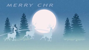 Noel teması. Kış perisi ormanı, kar yağıyor, Noel Baba ren geyiklerinin çizdiği kızakla dolunayın arka planına doğru ilerliyor.