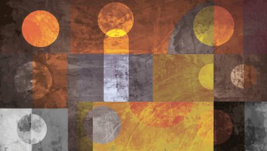 Üst üste binen geometrik şekillerden oluşan soyut çizimler. Renk paleti turuncu, sarı, gri ve beyaz tonlarını içerir..