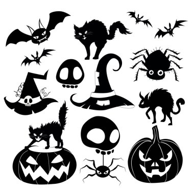 Cadılar Bayramı 'yla ilgili siyah siluet koleksiyonu. Yarasa, kedi, örümcek, cadı şapkası, balkabağı resimleri içerir.