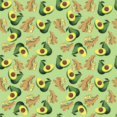 Avokado ve zencefilden oluşan bir desen. Resim açık yeşil bir arkaplan üzerinde yapılır, avokado renk şeması ile uyumlu.