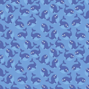 Mavi arka planda şirin yüz ifadeleri olan kusursuz şekilli balina figürleri..