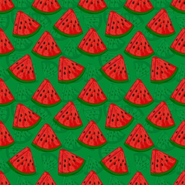 Yeşil bir zemin üzerinde birçok karpuz diliminin kusursuz bir deseni..