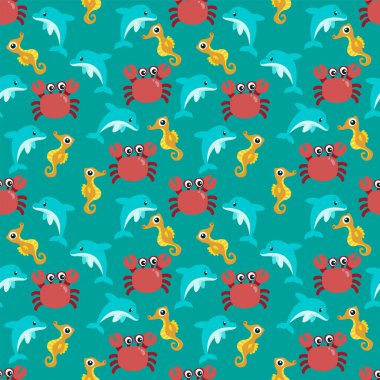 Turkuaz arka planda deniz yaşamı dizaynı olan kusursuz desen.