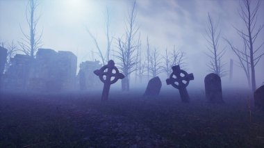 Korkunç bir gecede mezarlık ve mezarlıkla sisli, ürkütücü cadılar bayramı sahnesi. Ürkütücü korku konsepti. 3d illüstrasyon